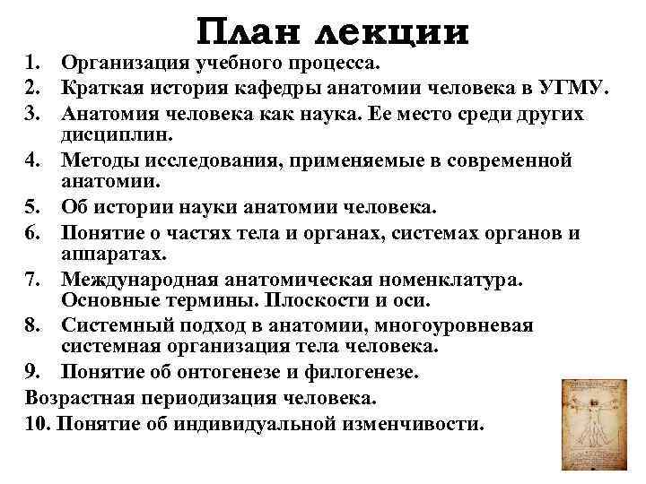 План лекции 1. Организация учебного процесса. 2. Краткая история кафедры анатомии человека в УГМУ.