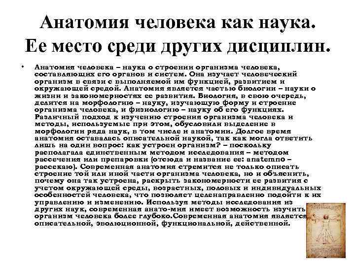 Анатомия человека как наука. Ее место среди других дисциплин. • Анатомия человека – наука