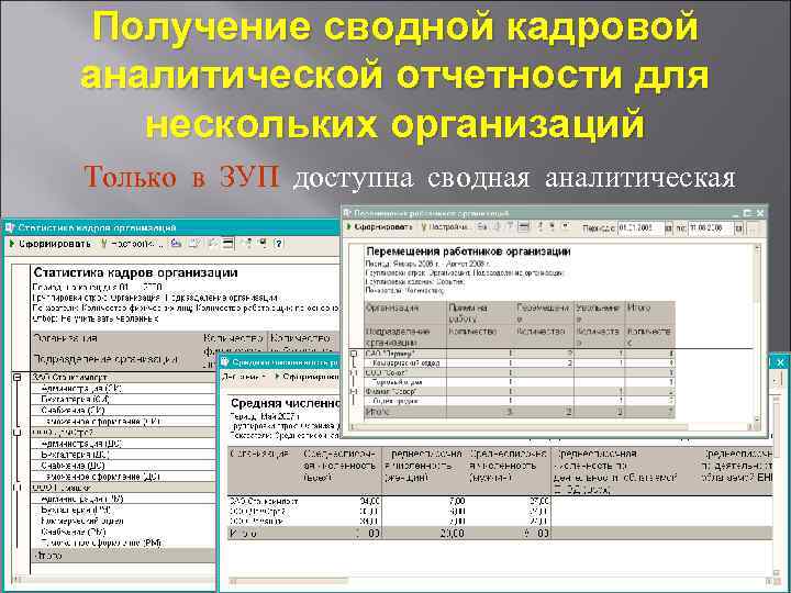Получение сводной кадровой аналитической отчетности для нескольких организаций Только в ЗУП доступна сводная аналитическая