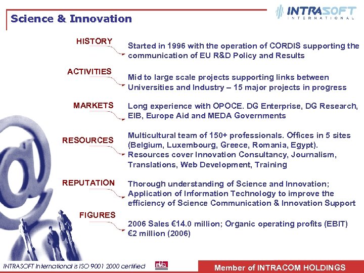 Science & Innovation HISTORY ACTIVITIES MARKETS RESOURCES REPUTATION FIGURES Started in 1996 with the