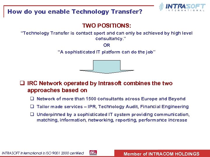 How do you enable Technology Transfer? TWO POSITIONS: “Technology Transfer is contact sport and