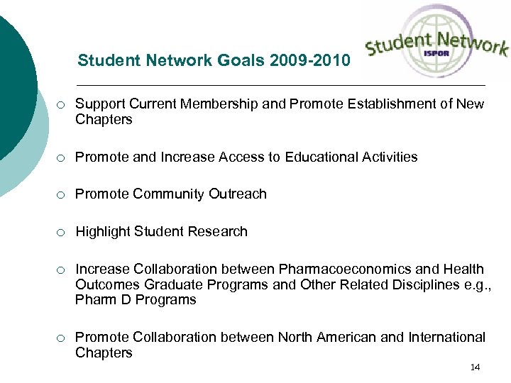Student Network Goals 2009 -2010 ¡ Support Current Membership and Promote Establishment of New