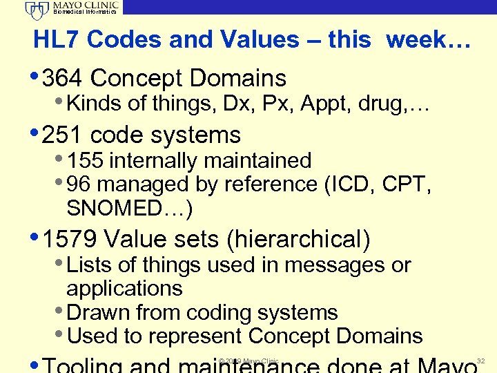 Biomedical Informatics HL 7 Codes and Values – this week… • 364 Concept Domains