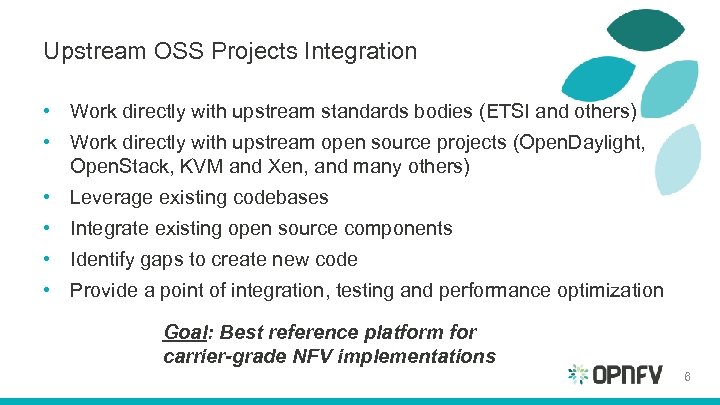 Upstream OSS Projects Integration • Work directly with upstream standards bodies (ETSI and others)