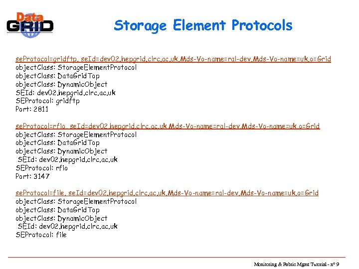 Storage Element Protocols se. Protocol=gridftp, se. Id=dev 02. hepgrid. clrc. ac. uk, Mds-Vo-name=ral-dev, Mds-Vo-name=uk,