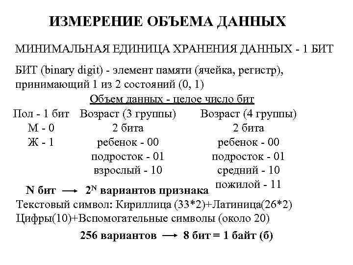 ИЗМЕРЕНИЕ ОБЪЕМА ДАННЫХ МИНИМАЛЬНАЯ ЕДИНИЦА ХРАНЕНИЯ ДАННЫХ - 1 БИТ (binary digit) - элемент