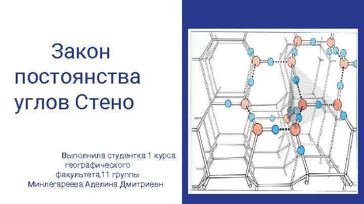 Закон постоянства углов Стено Выполнила студентка 1 курса географического факультета, 11 группы Минлегареева Аделина