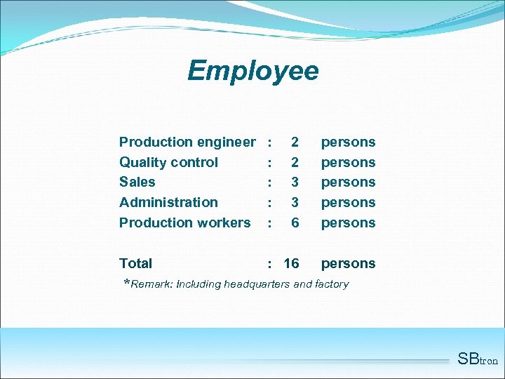 Employee Production engineer Quality control Sales Administration Production workers : : : 2 2