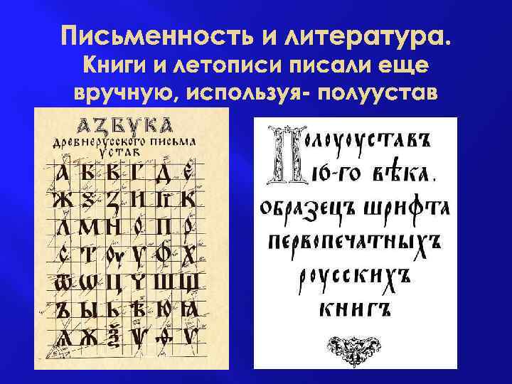 Письменность и литература. Книги и летописи писали еще вручную, используя- полуустав 