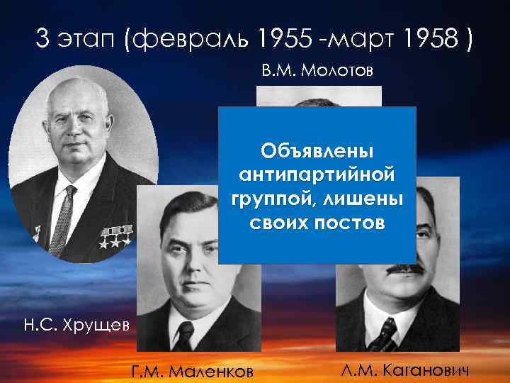 3 этап (февраль 1955 -март 1958 ) В. М. Молотов Объявлены антипартийной группой, лишены