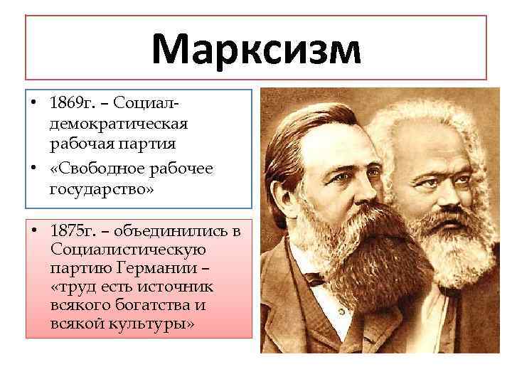 Марксизм • 1869 г. – Социалдемократическая рабочая партия • «Свободное рабочее государство» • 1875