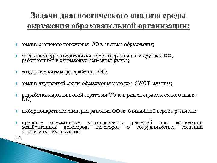 Задачи диагностического анализа среды окружения образовательной организации: анализ реального положения ОО в системе образования;