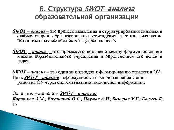6. Структура SWOT-анализа образовательной организации SWOT – анализ – это процесс выявления и структурирования