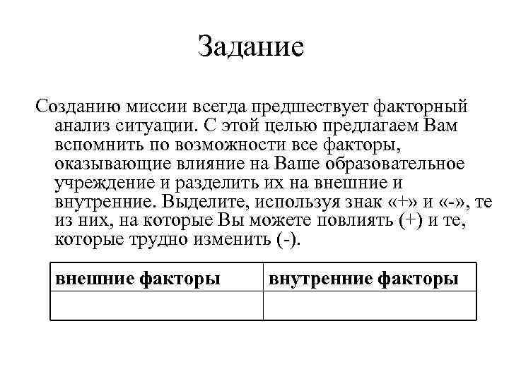 Задание Созданию миссии всегда предшествует факторный анализ ситуации. С этой целью предлагаем Вам вспомнить