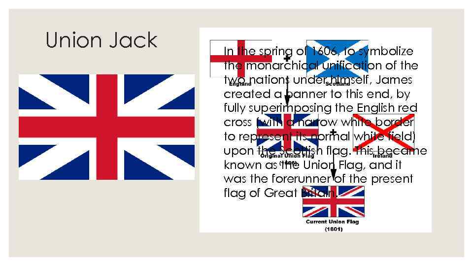 Union Jack In the spring of 1606, to symbolize the monarchical unification of the