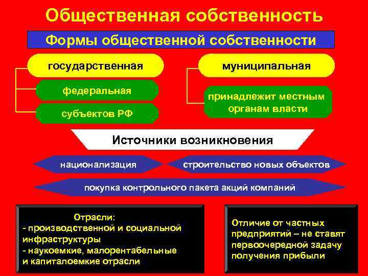 Общественная собственность Формы общественной собственности государственная федеральная субъектов РФ муниципальная принадлежит местным органам власти