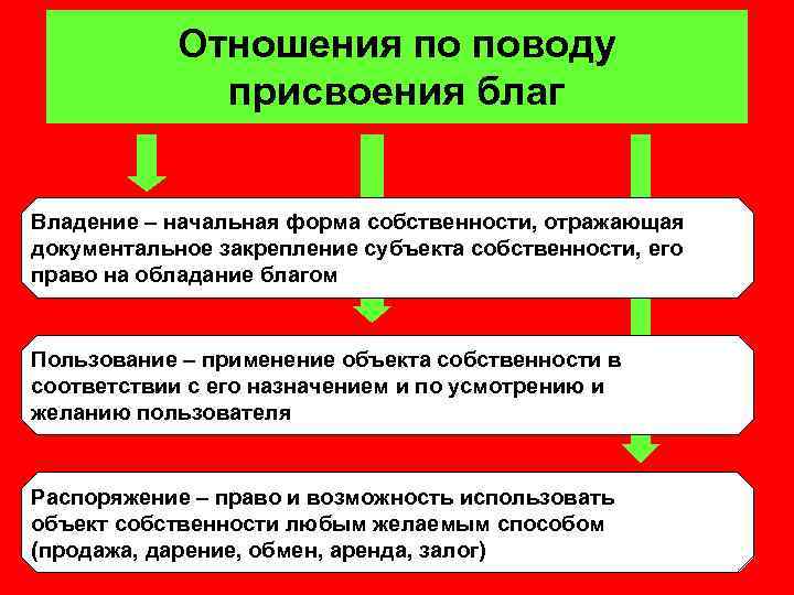 Отношения по поводу присвоения благ Владение – начальная форма собственности, отражающая документальное закрепление субъекта