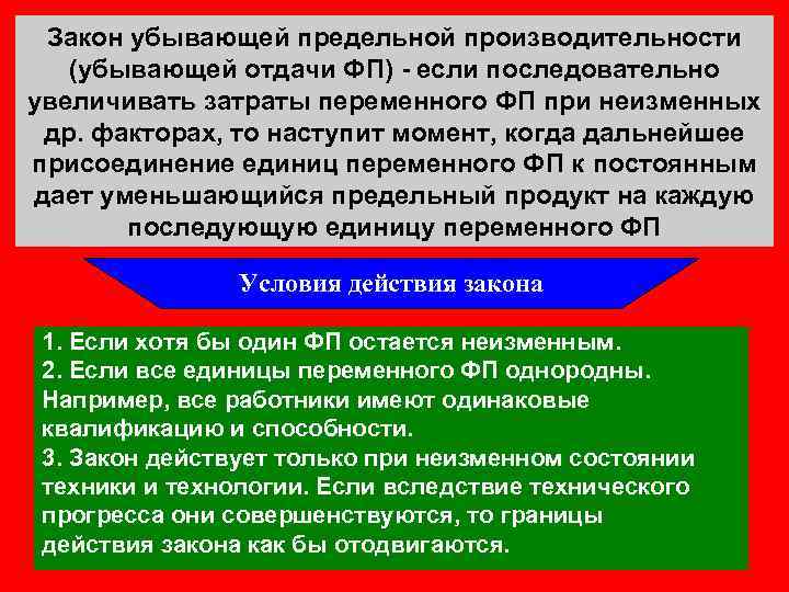 Закон убывающей предельной производительности (убывающей отдачи ФП) - если последовательно увеличивать затраты переменного ФП