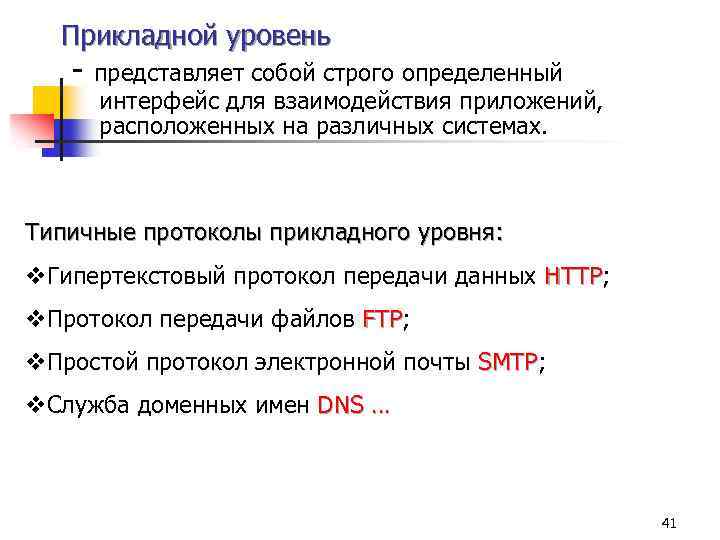 Прикладной уровень - представляет собой строго определенный интерфейс для взаимодействия приложений, расположенных на различных