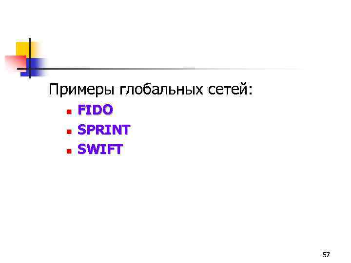 Примеры глобальных сетей: n n n FIDO SPRINT SWIFT 57 