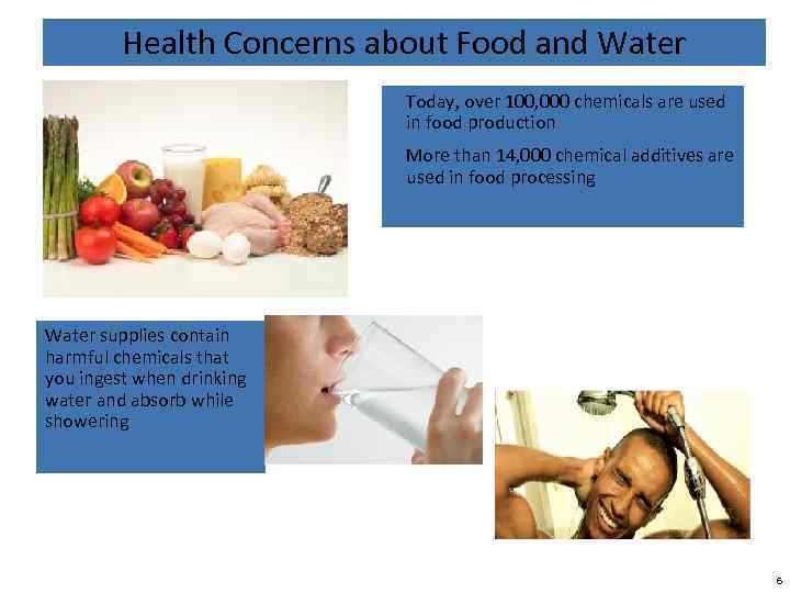 Health Concerns about Food and Water Today, over 100, 000 chemicals are used in