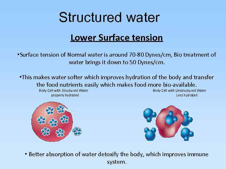 Structured water Lower Surface tension • Surface tension of Normal water is around 70