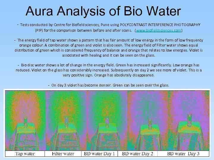 Aura Analysis of Bio Water - Tests conducted by Centre for Biofieldsciences, Pune using
