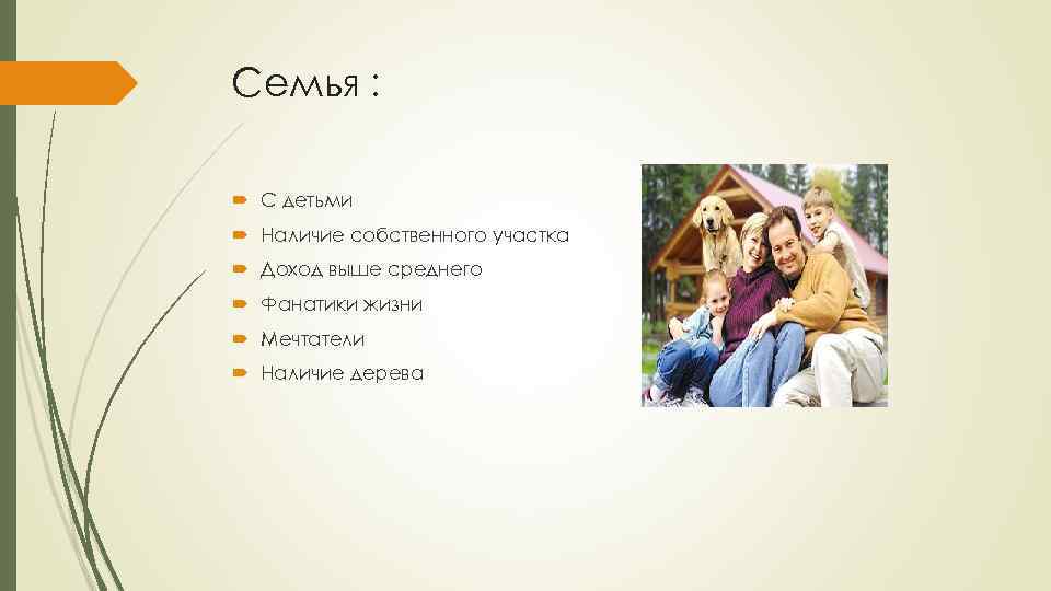Семья : С детьми Наличие собственного участка Доход выше среднего Фанатики жизни Мечтатели Наличие