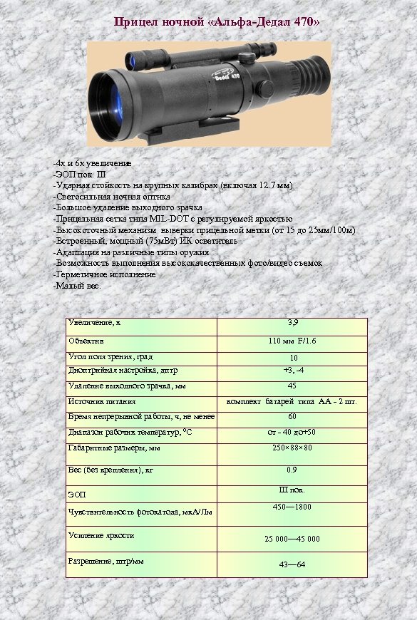 Прицел ночной «Альфа-Дедал 470» 4 х и 6 х увеличение ЭОП пок. III Ударная