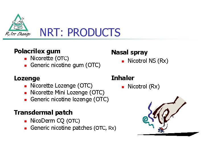 NRT: PRODUCTS Polacrilex gum n n Nicorette (OTC) Generic nicotine gum (OTC) Lozenge n