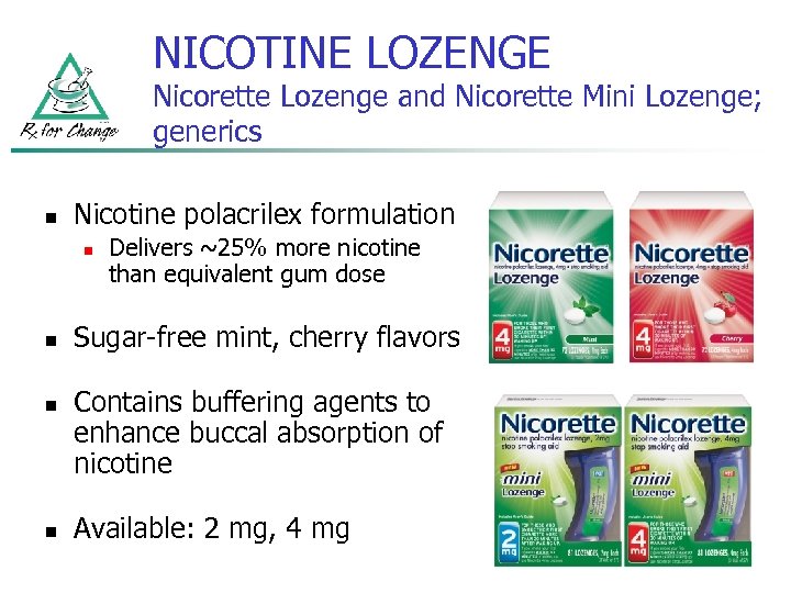 NICOTINE LOZENGE Nicorette Lozenge and Nicorette Mini Lozenge; generics n Nicotine polacrilex formulation n