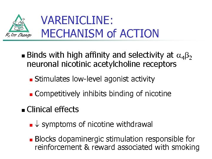 VARENICLINE: MECHANISM of ACTION n Binds with high affinity and selectivity at 4 2
