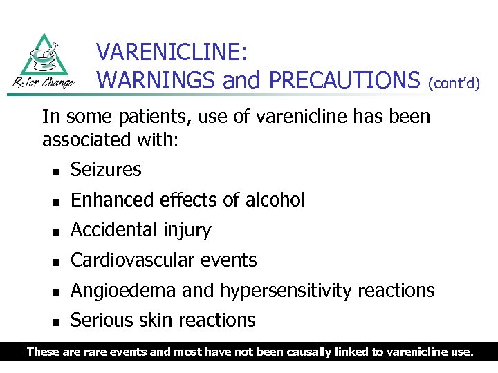 VARENICLINE: WARNINGS and PRECAUTIONS (cont’d) In some patients, use of varenicline has been associated