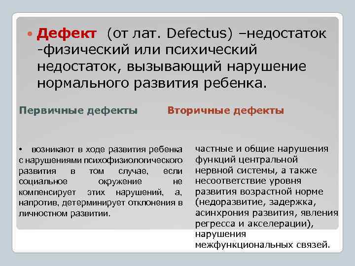  Дефект (от лат. Defectus) –недостаток -физический или психический недостаток, вызывающий нарушение нормального развития