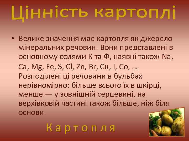  • Велике значення має картопля як джерело мінеральних речовин. Вони представлені в основному
