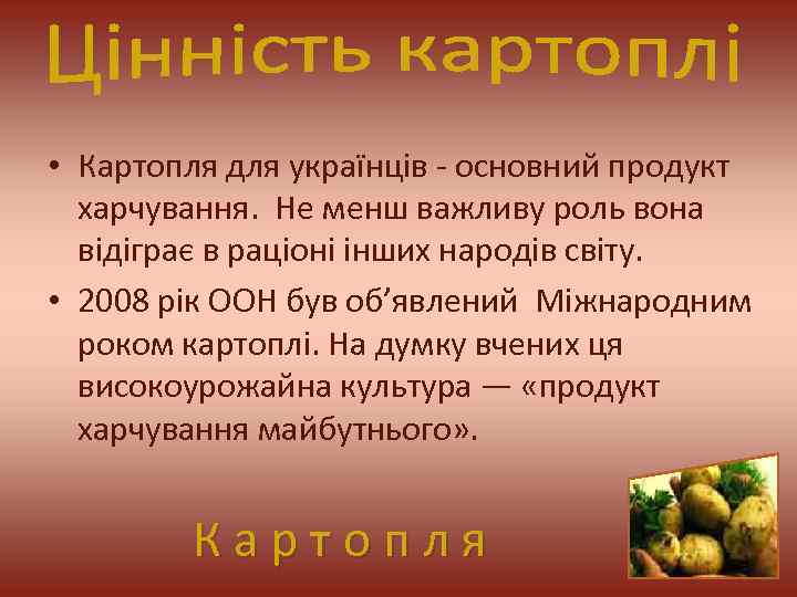  • Картопля для українців - основний продукт харчування. Не менш важливу роль вона