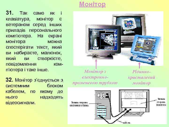 Монітор 31. Так само як і клавіатура, монітор є ветераном серед інших приладів персонального