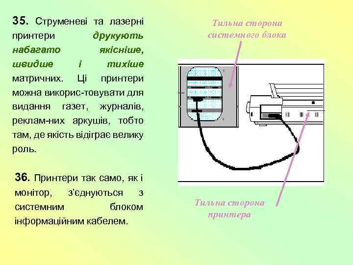 35. Струменеві та лазерні принтери друкують набагато якісніше, швидше і тихіше матричних. Ці принтери