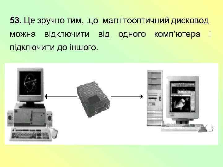 53. Це зручно тим, що магнітооптичний дисковод можна відключити від одного комп’ютера і підключити