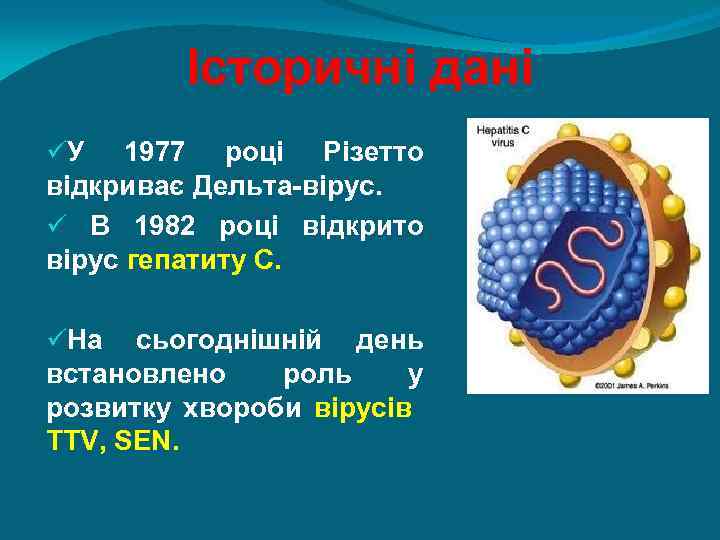 Історичні дані üУ 1977 році Різетто відкриває Дельта-вірус. ü В 1982 році відкрито вірус