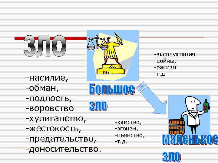 -насилие, -обман, -подлость, -воровство -хулиганство, -жестокость, -предательство, -доносительство. -эксплуатация -войны, -расизм -т. д -хамство,