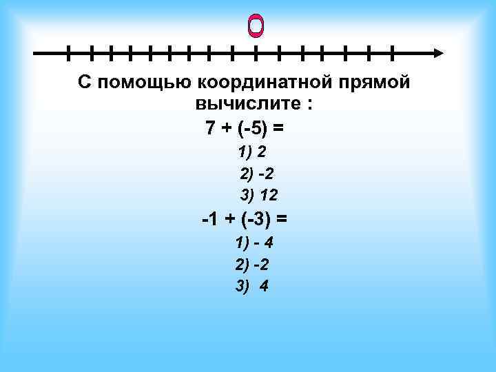 С помощью координатной прямой вычислите : 7 + (-5) = 1) 2 2) -2