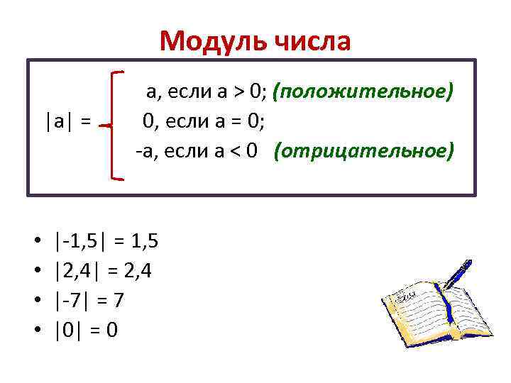 Модуль числа а, если а > 0; (положительное) |а| = 0, если а =