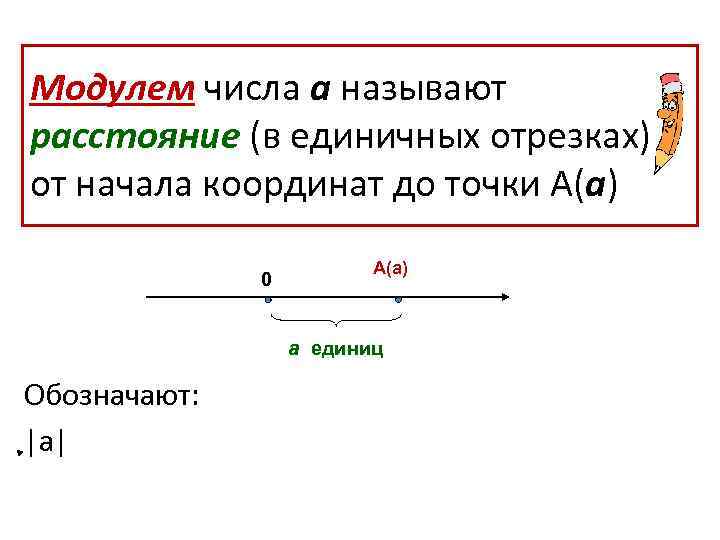 Модулем числа а называют расстояние (в единичных отрезках) от начала координат до точки А(а)