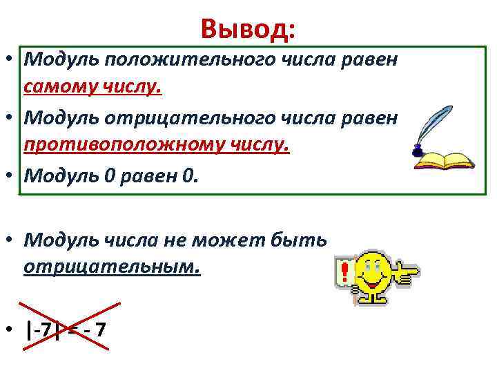 Вывод: • Модуль положительного числа равен самому числу. • Модуль отрицательного числа равен противоположному