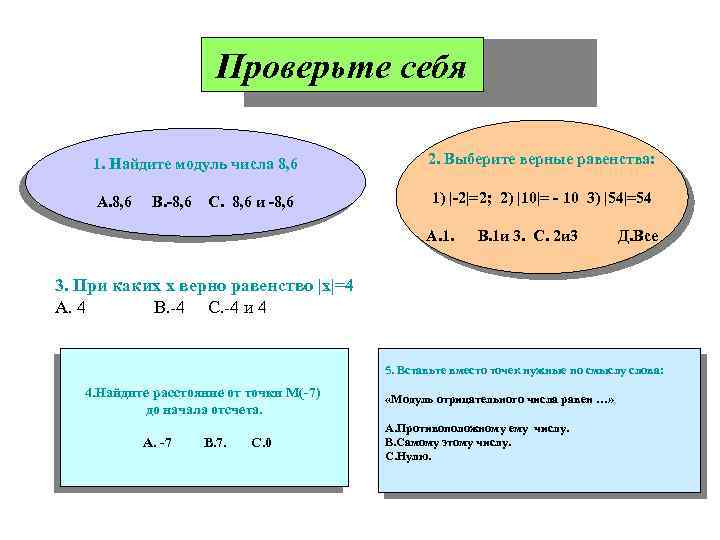 Проверьте себя 1. Найдите модуль числа 8, 6 2. Выберите верные равенства: А. 8,