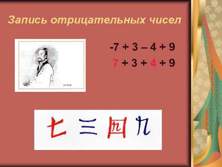 Запись отрицательных чисел -7 + 3 – 4 + 9 7+3+4+9 