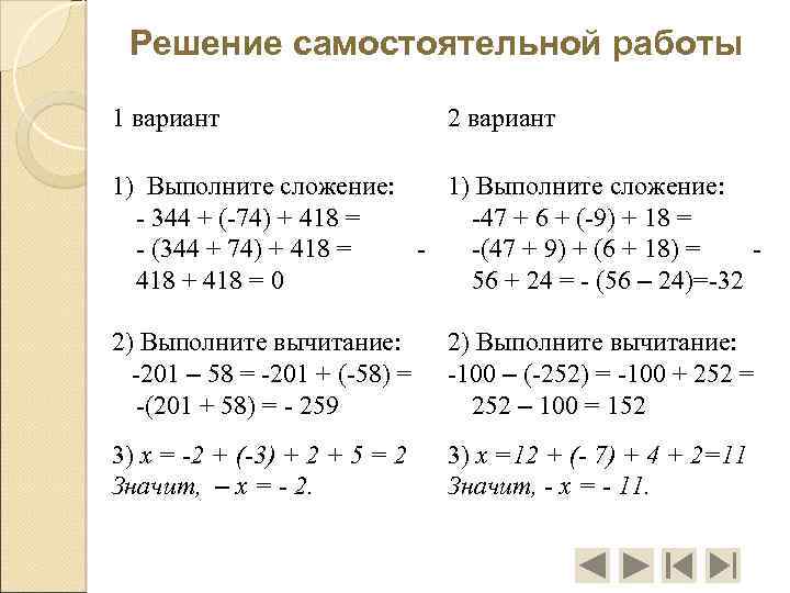 Решение самостоятельной работы 1 вариант 2 вариант 1) Выполните сложение: - 344 + (-74)