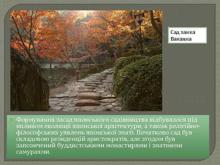 Сад замка Вакаяма Формування засад японського садівництва відбувалося під впливом еволюції японської архітектури, а