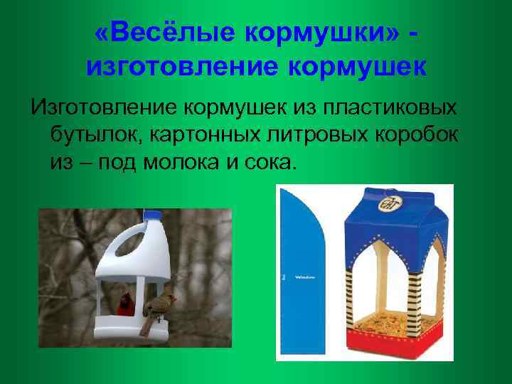  «Весёлые кормушки» изготовление кормушек Изготовление кормушек из пластиковых бутылок, картонных литровых коробок из